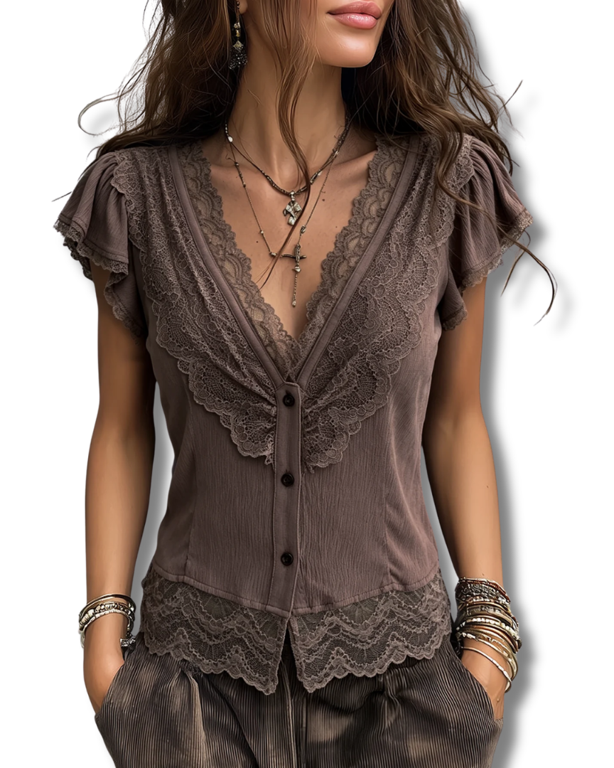 Vintage Tencel V-neck Blouse With Lace Trim