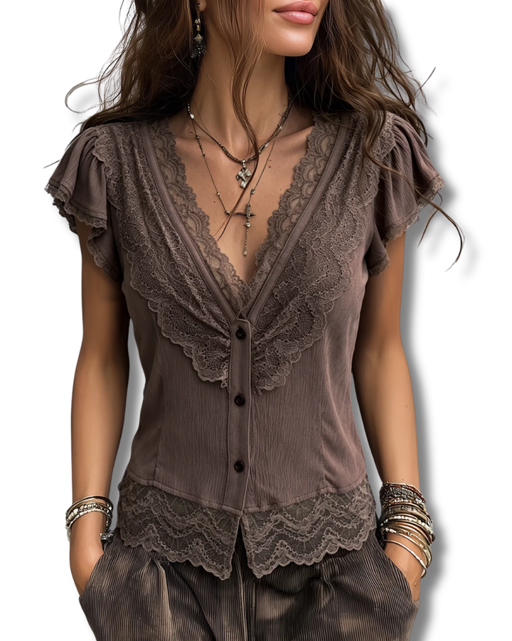 Vintage Tencel V-neck Blouse With Lace Trim