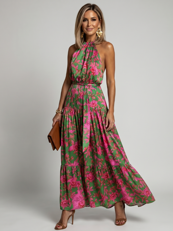 Darlina™ | Draped Pink Midi Dress With  Elegant Halter Neckline