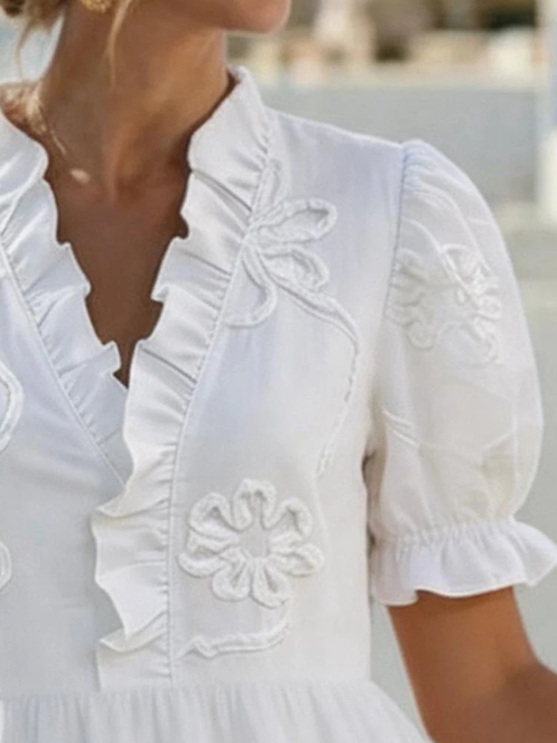 Bellina™ - Embroidered Ruffle V-Neck Puff Sleeve Dress