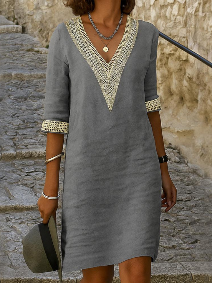 Estella™ | Elegant Lace V Neck Midi Dress
