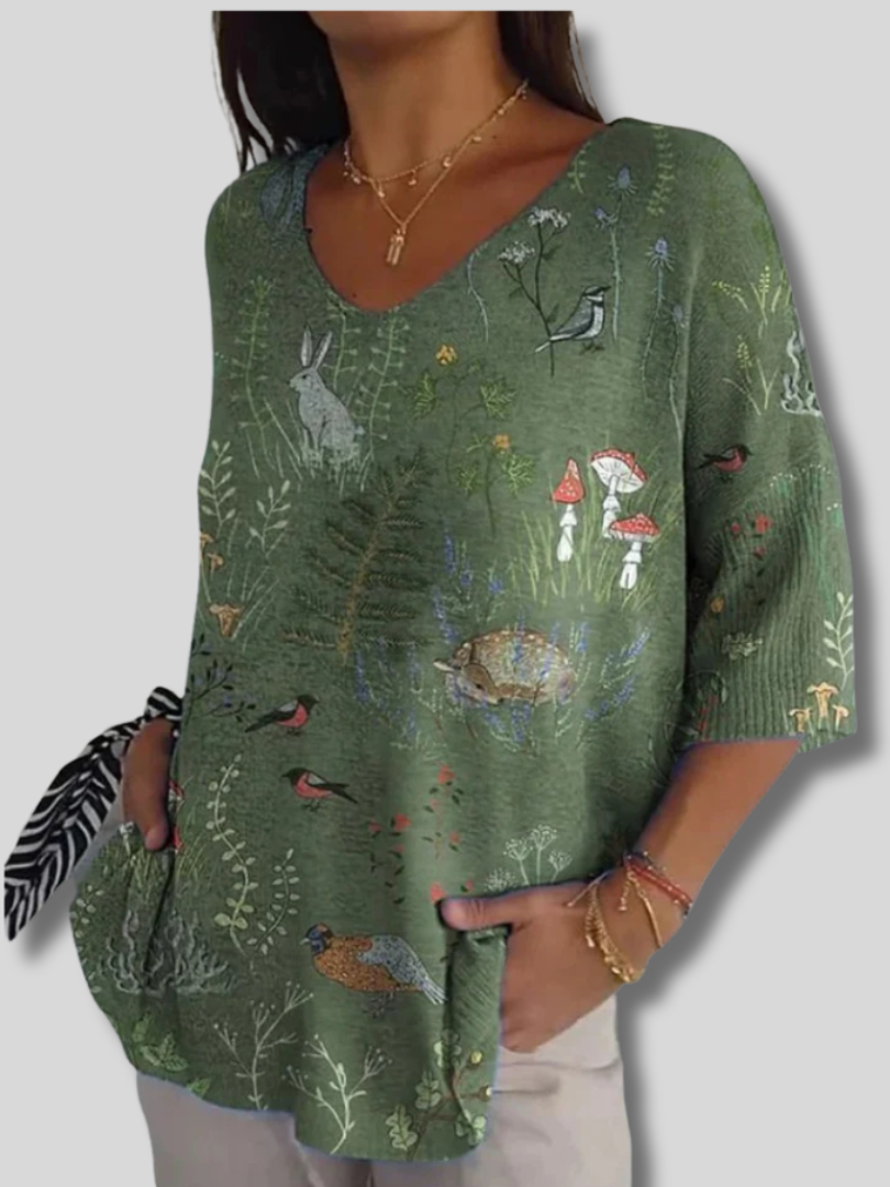 Woodland And Animals Repeat Pattern Printed Women's Casual Pullover Knit