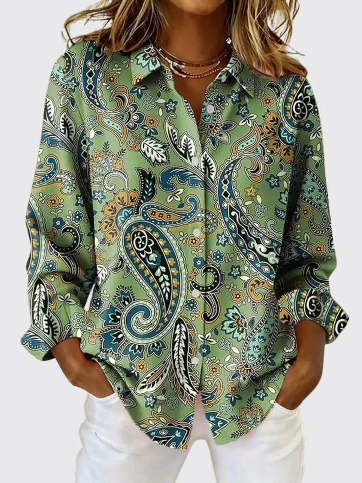 Joanie™ | Paisley Print Button-Up Blouse Green