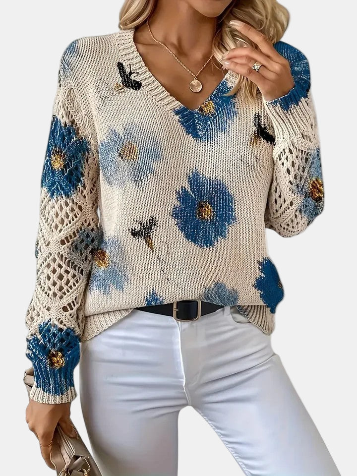 Bronte | Floral Crochet Sleeve V-Neck Sweater