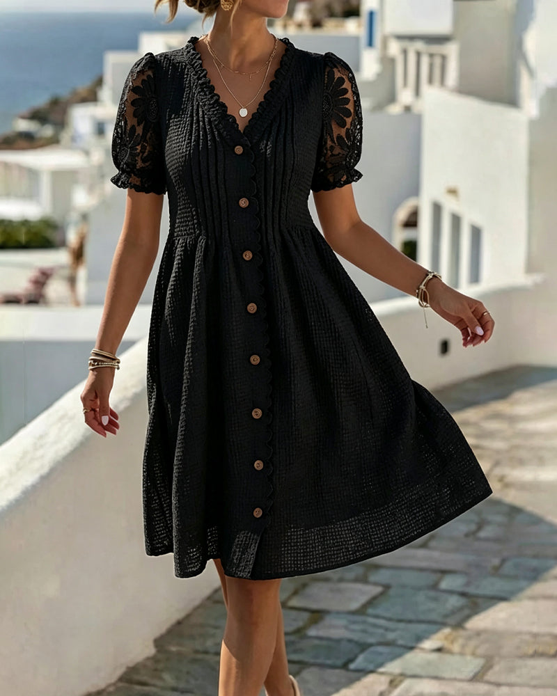 Deneke™ | Elegant Lace Sleeve Button Dress