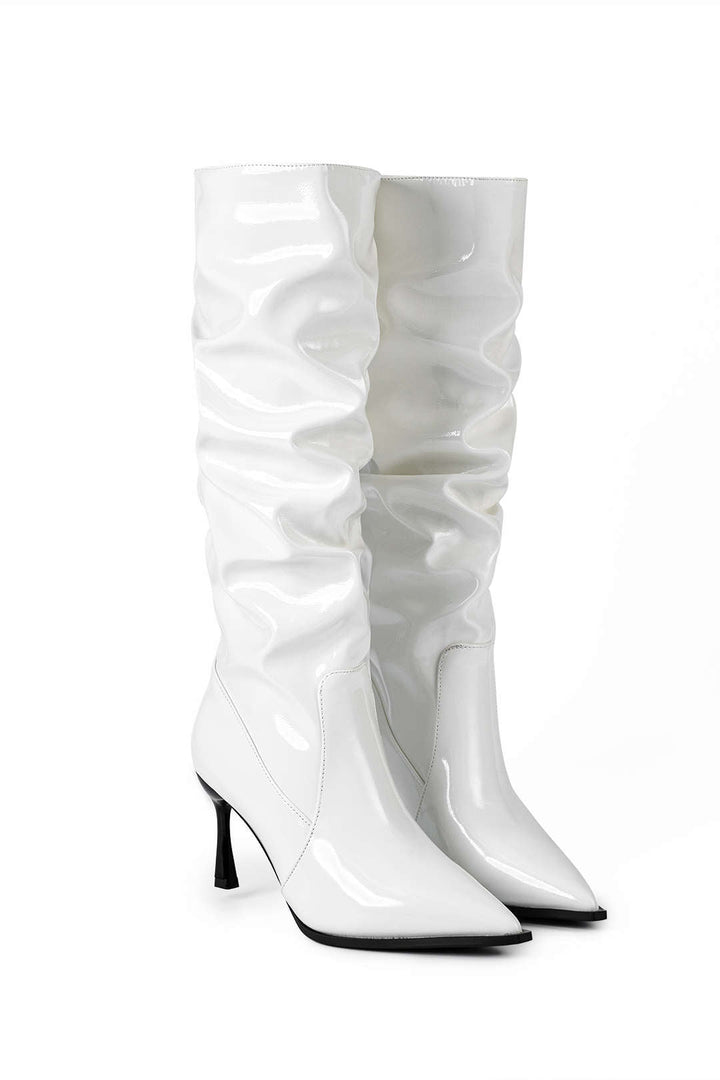 Pleated Faux Leather Pointed Toe Boots