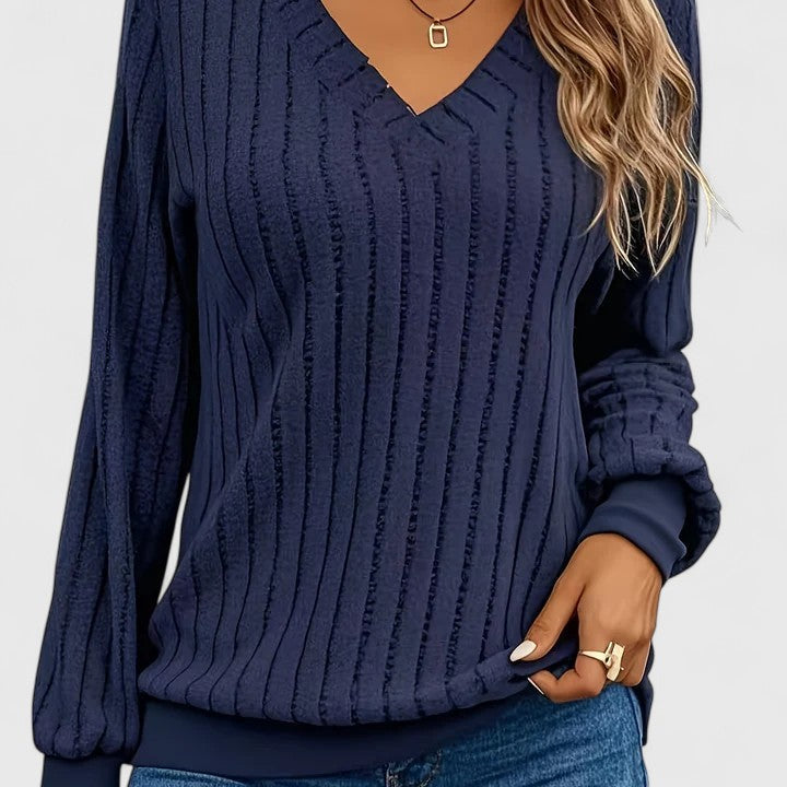 Lowri | Ribbed V-Neck Balloon Sleeve Sweater