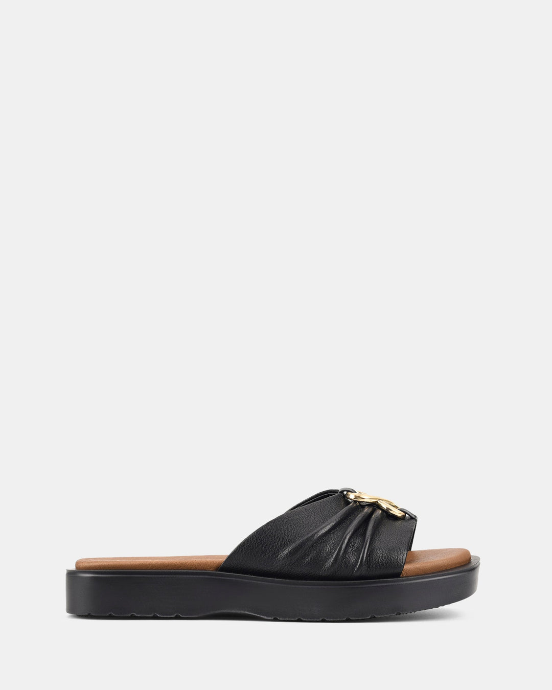 Women's Black Sandals with Wavy Sole and Gold Buckle
