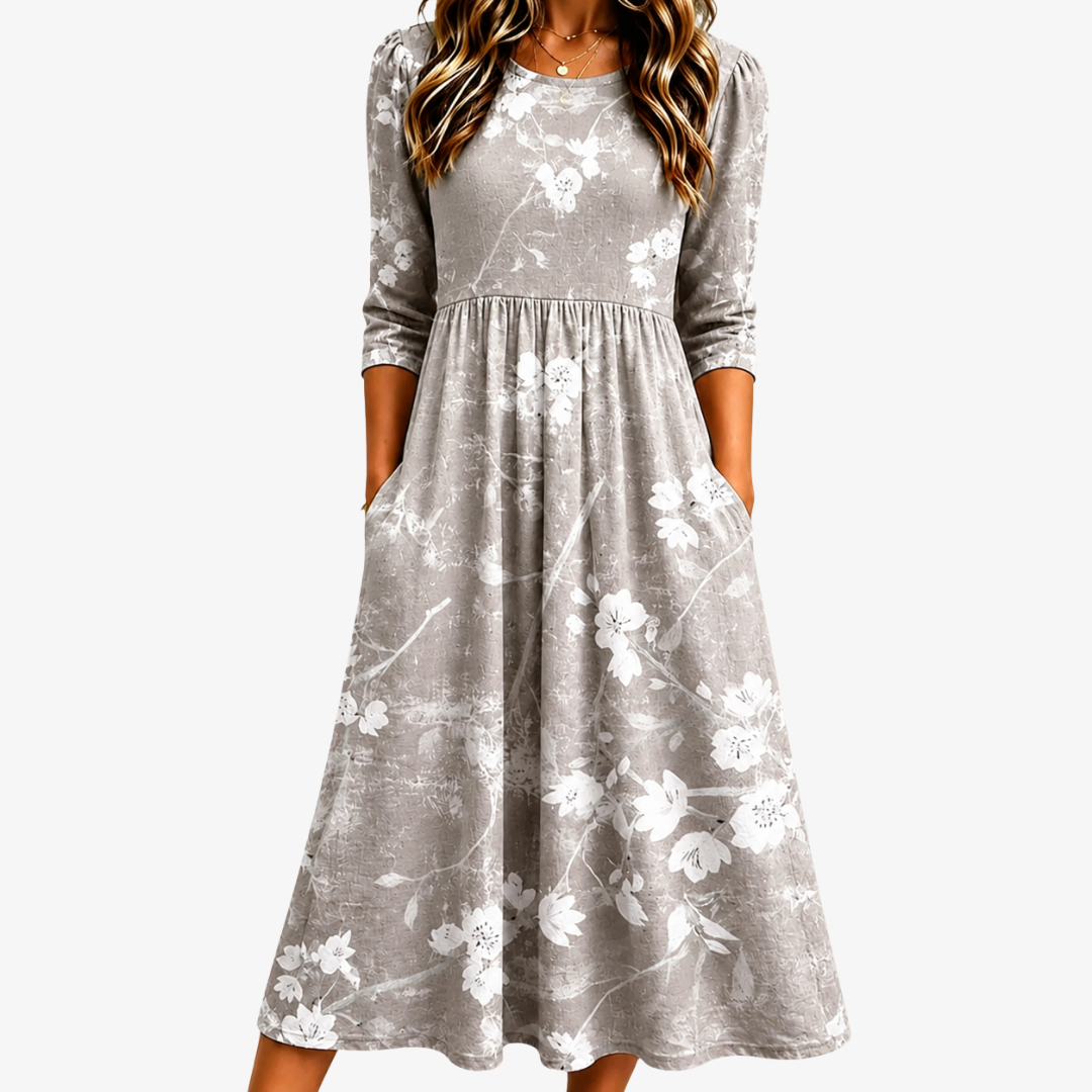 Yvonne™ | Silver Blossom Grace Pocket Midi Dress