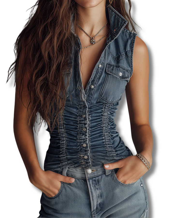 Retro Blue Ruched Denim Sleeveless Shirt