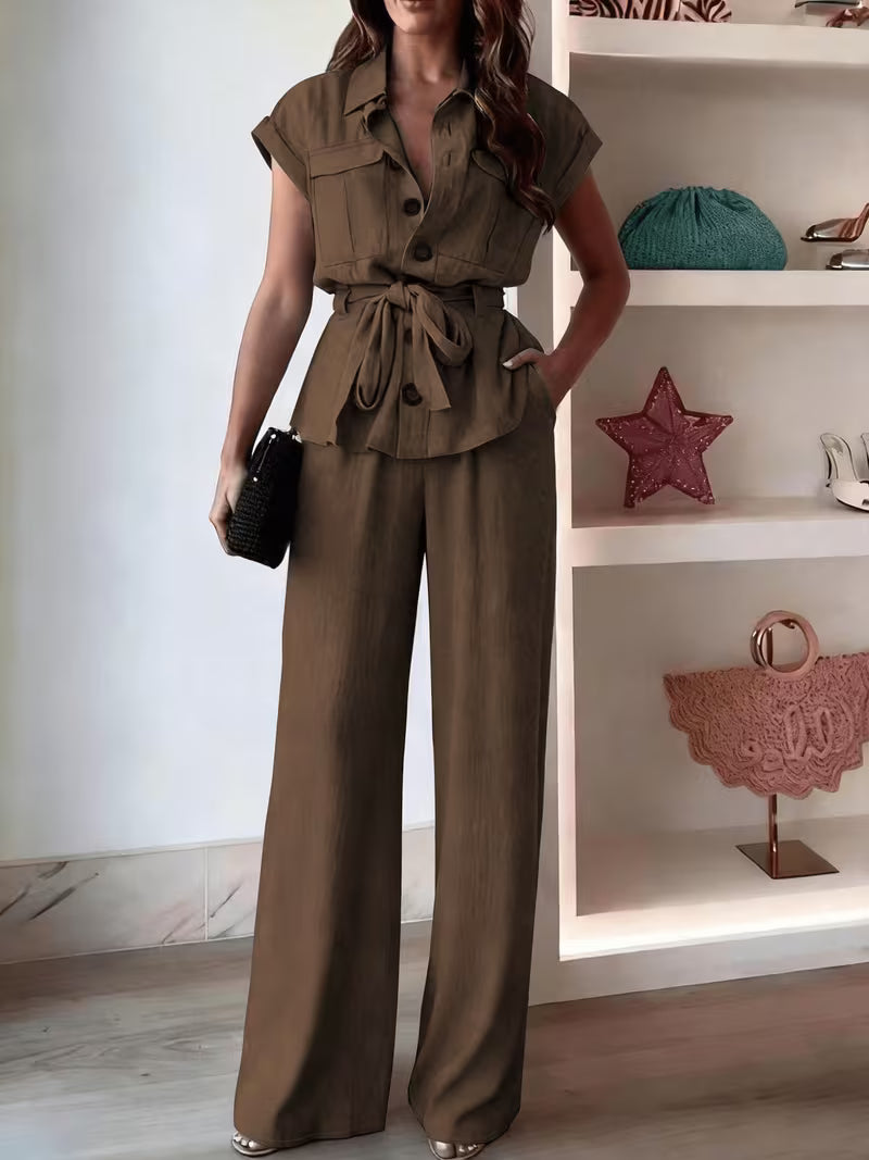 Camellia™ | Elegant Belted Wide Leg Pant Set