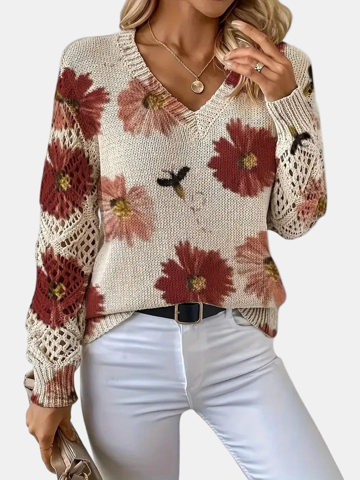 Bronte | Floral Crochet Sleeve V-Neck Sweater