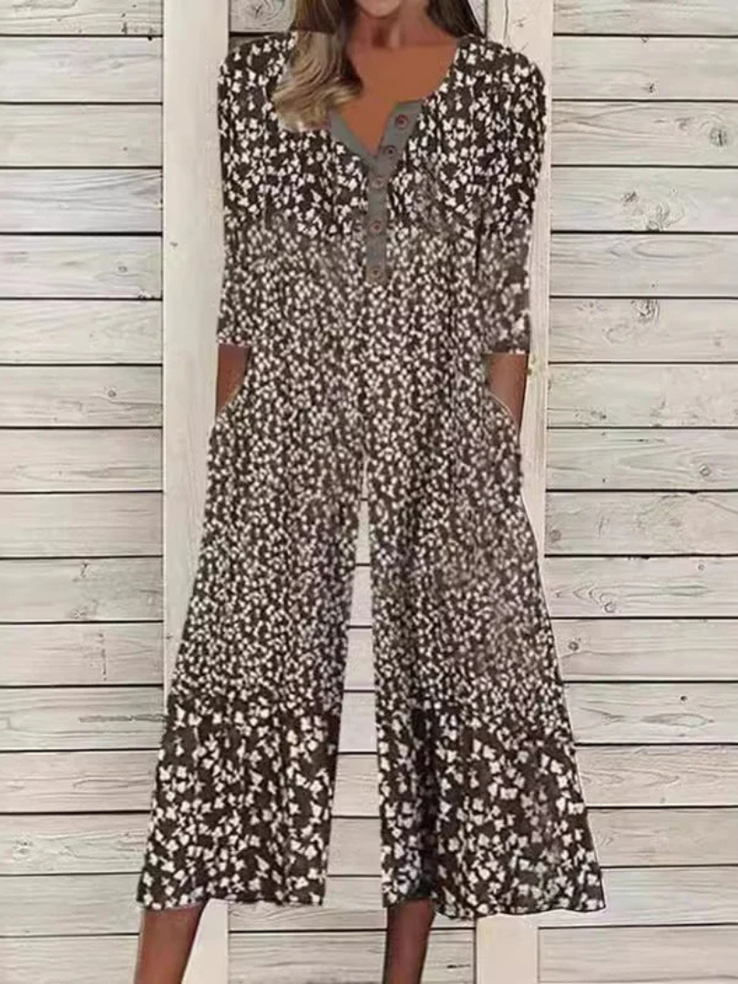 Hazel™ | Leaf Print V-Neck Jumpsuit with Short Sleeves and Wide Legs