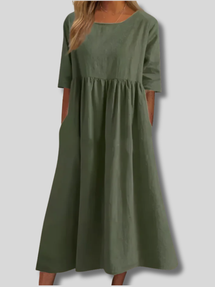 Sage | Women's Linen Gathered Waist Half-Sleeve Midi Dress