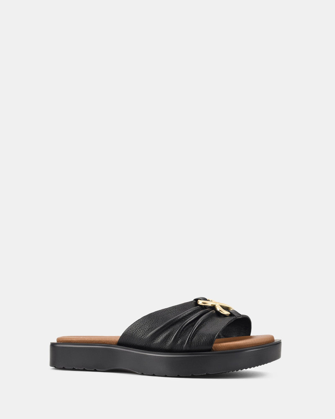 Women's Black Sandals with Wavy Sole and Gold Buckle