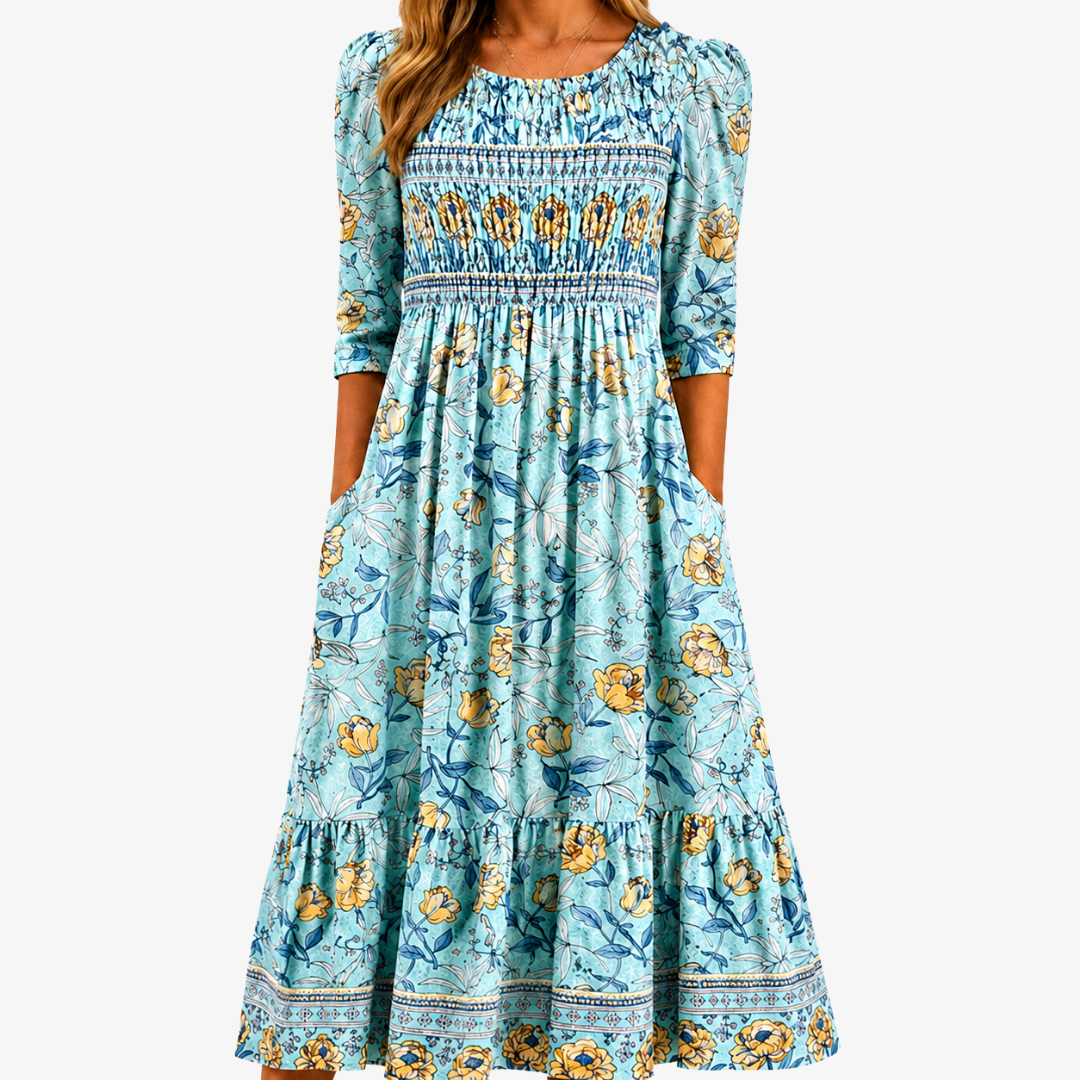 Geneva™ | Golden Bloom Smocked Garden Midi Dress