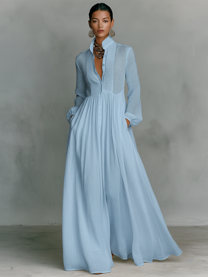 Minimalist Maxi Dress with Patchwork, High Collar and Long Sleeves