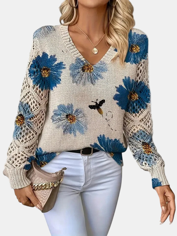 Bronte | Floral Crochet Sleeve V-Neck Sweater