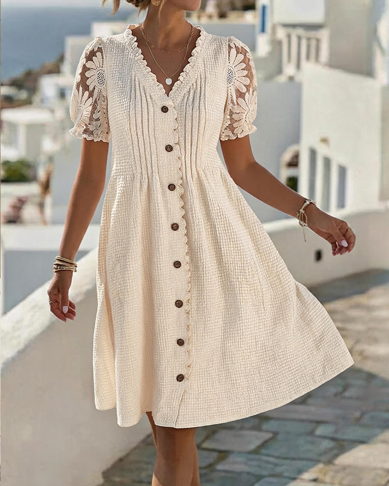Deneke™ | Elegant Lace Sleeve Button Dress