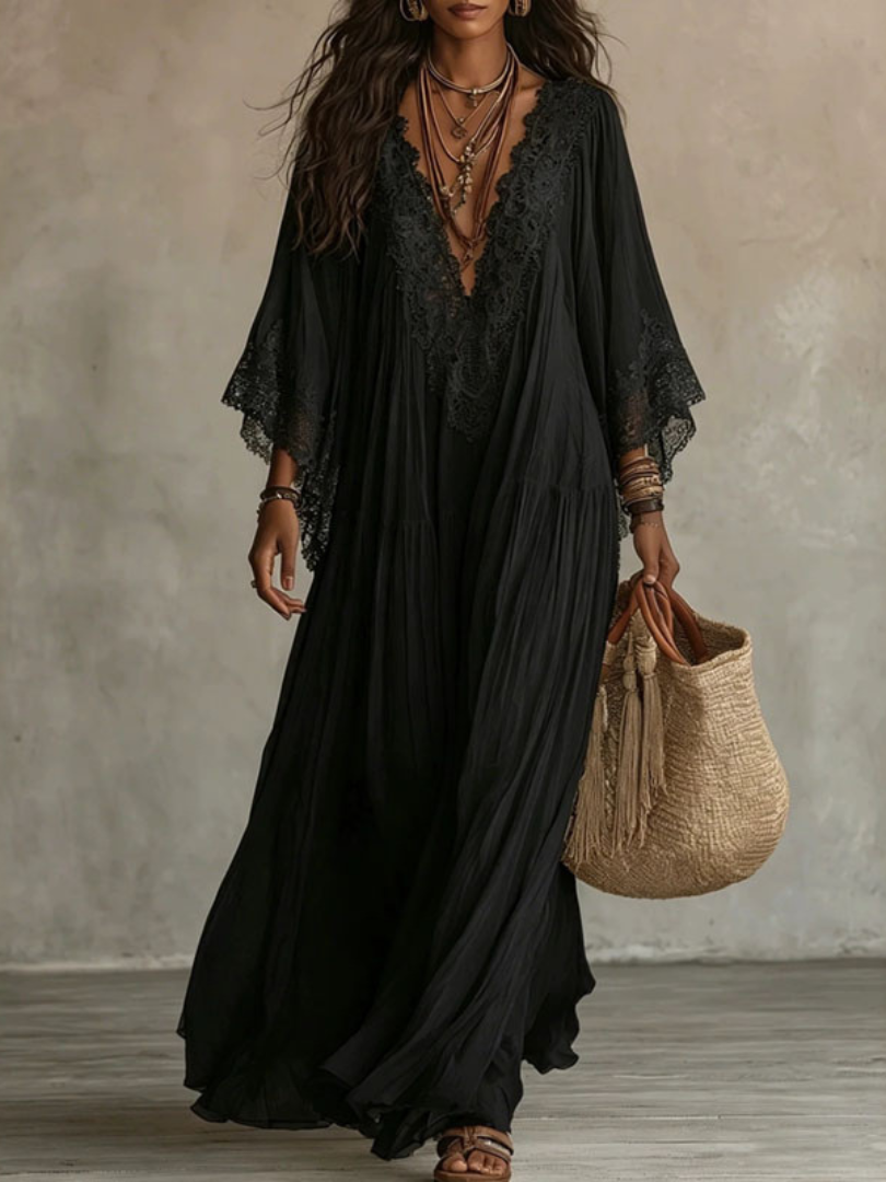 V-neck Pleated layered Maxi Dress
