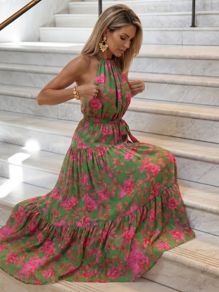 Darlina™ | Draped Pink Midi Dress With  Elegant Halter Neckline