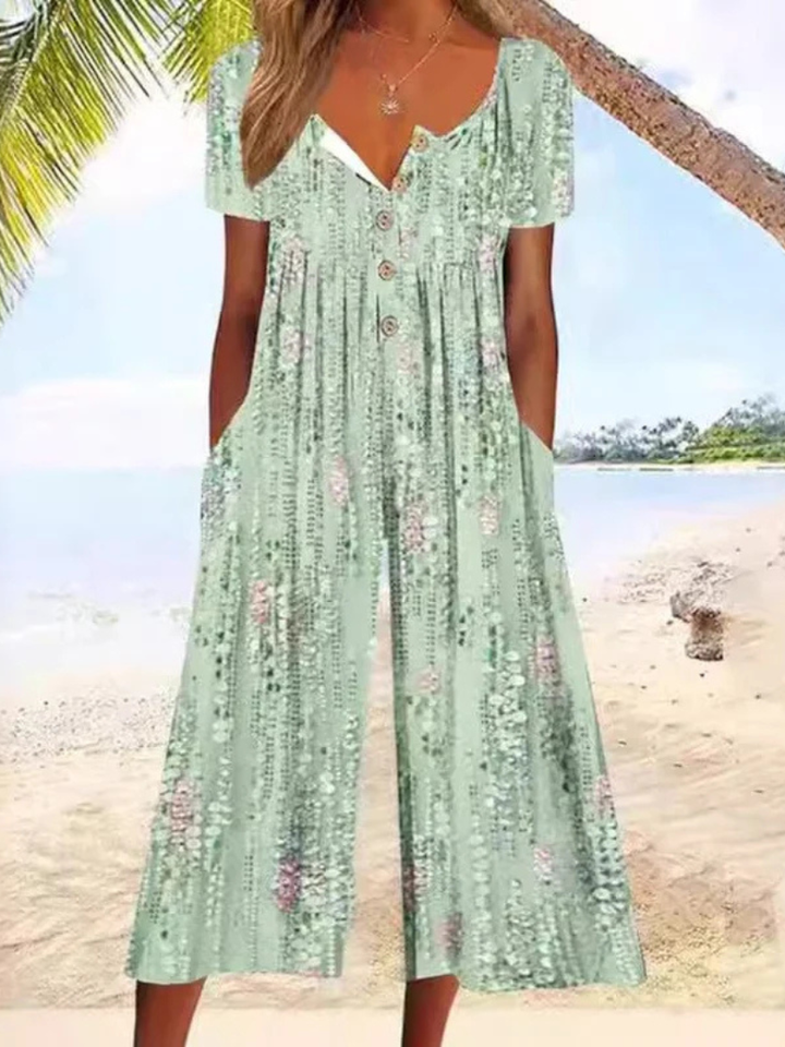 Hazel™ | Leaf Print V-Neck Jumpsuit with Short Sleeves and Wide Legs