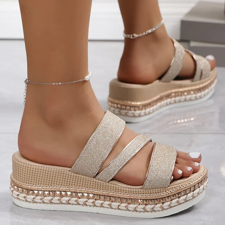 Stylish Women's Gold Platform Sandals with Buckle and Braided Edge