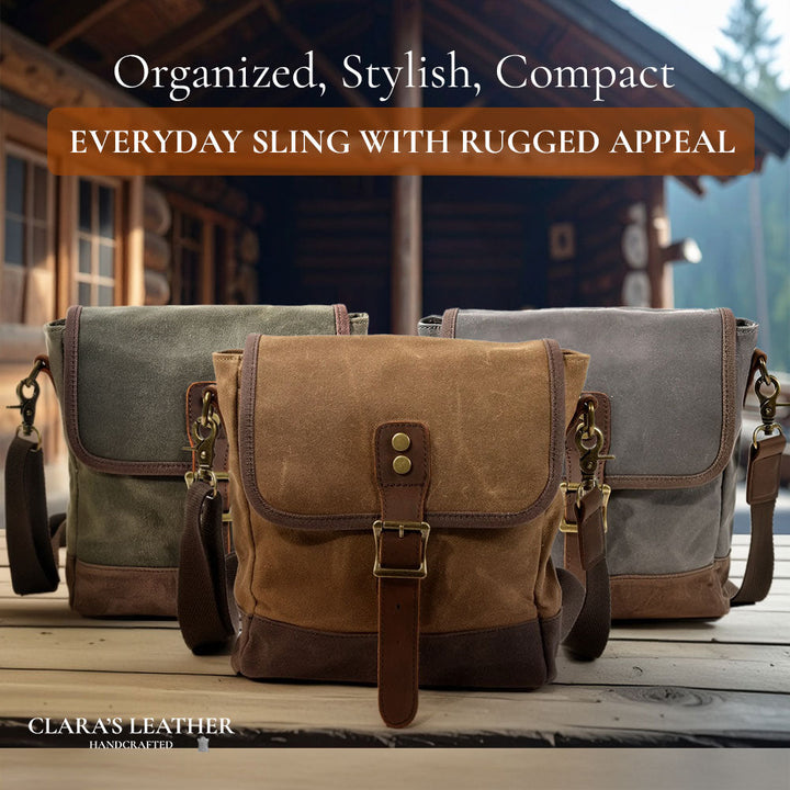William - Compact Leather Sling Bag with Canvas Accents
