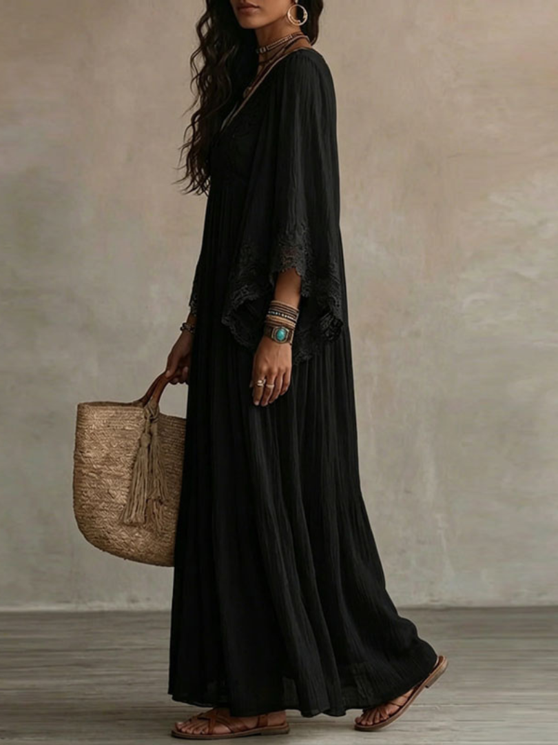 V-neck Pleated layered Maxi Dress