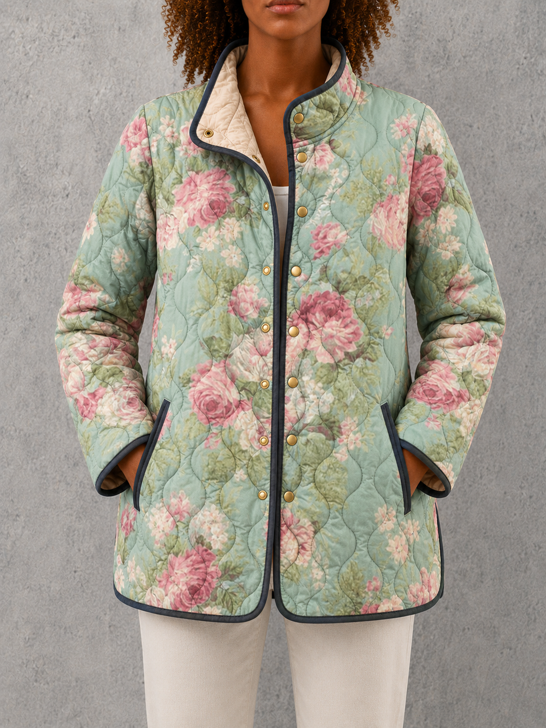 Carys | Retro Floral Patterned Quilted Jacket