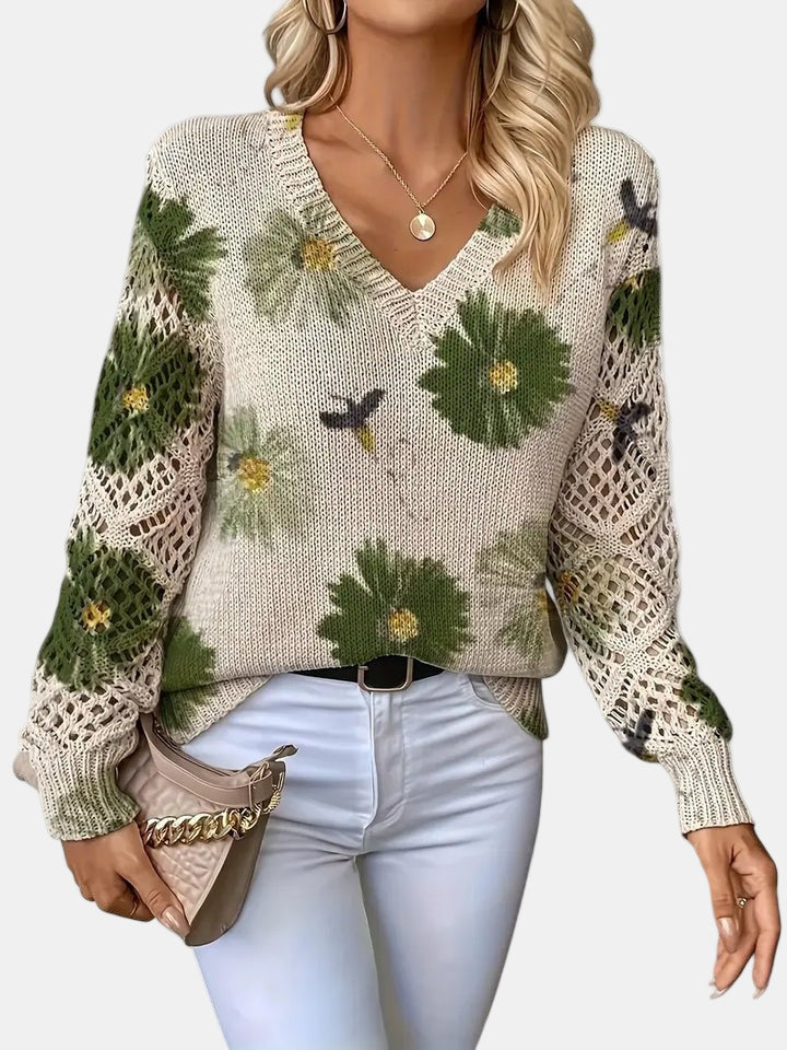 Bronte | Floral Crochet Sleeve V-Neck Sweater