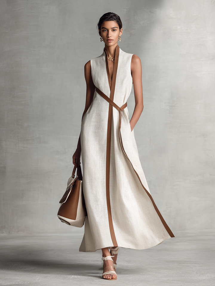 Maxi Dress Sleeveless with V-Neck and Tie Waist for Women