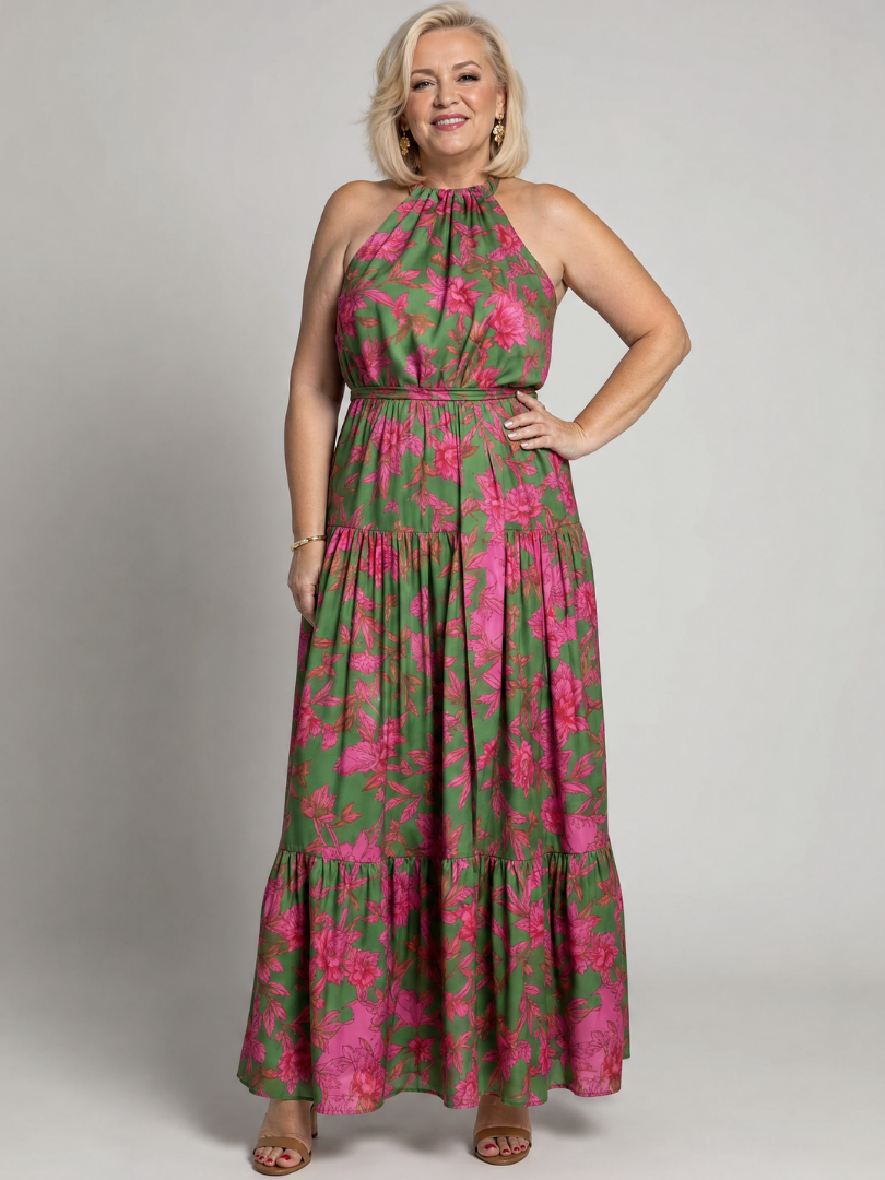 Darlina™ | Draped Pink Midi Dress With  Elegant Halter Neckline