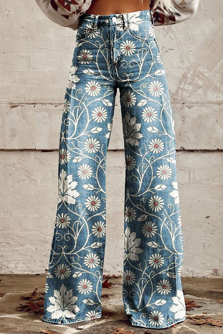 Elodie | Retro Daisy Floral Wide-Leg Trousers