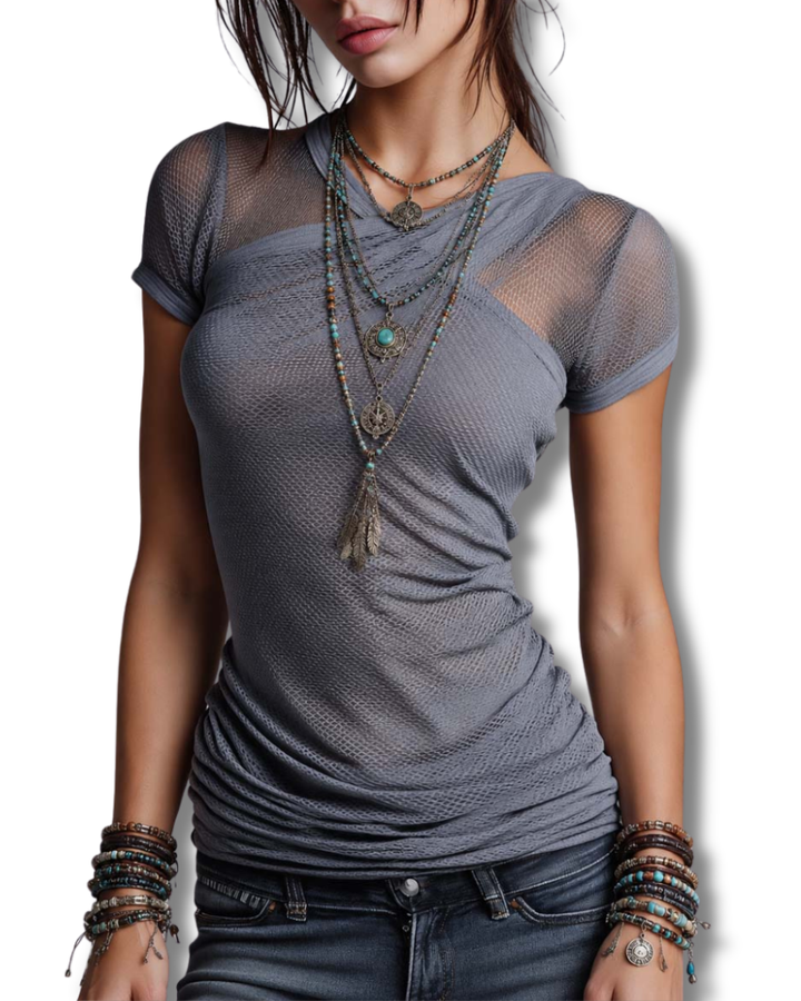 Gray Double-Layer Mesh Ruched Fitted Top
