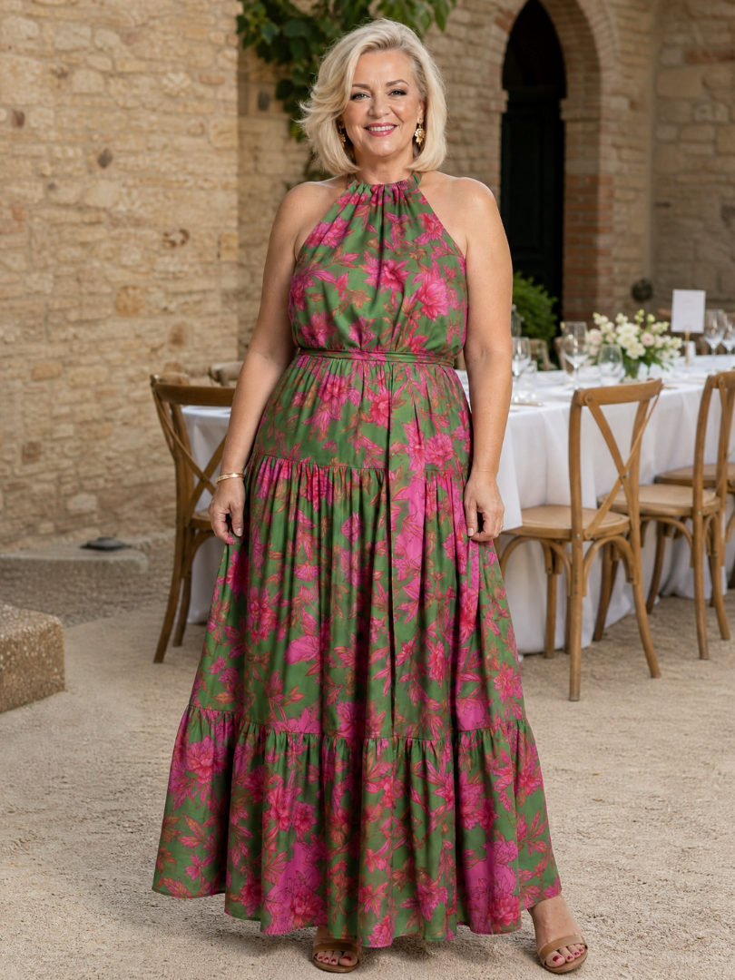 Darlina™ | Draped Pink Midi Dress With  Elegant Halter Neckline