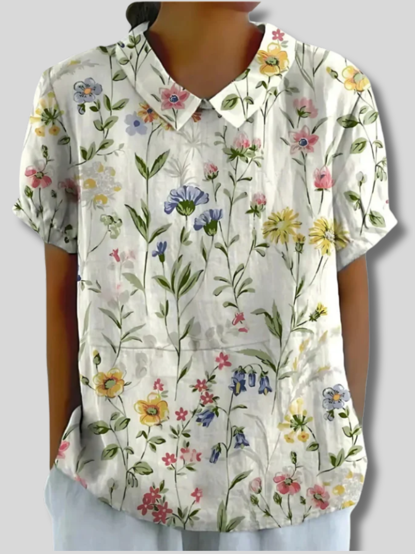 Thea | Women's Linen Floral Print Short Sleeve Collared Blouse
