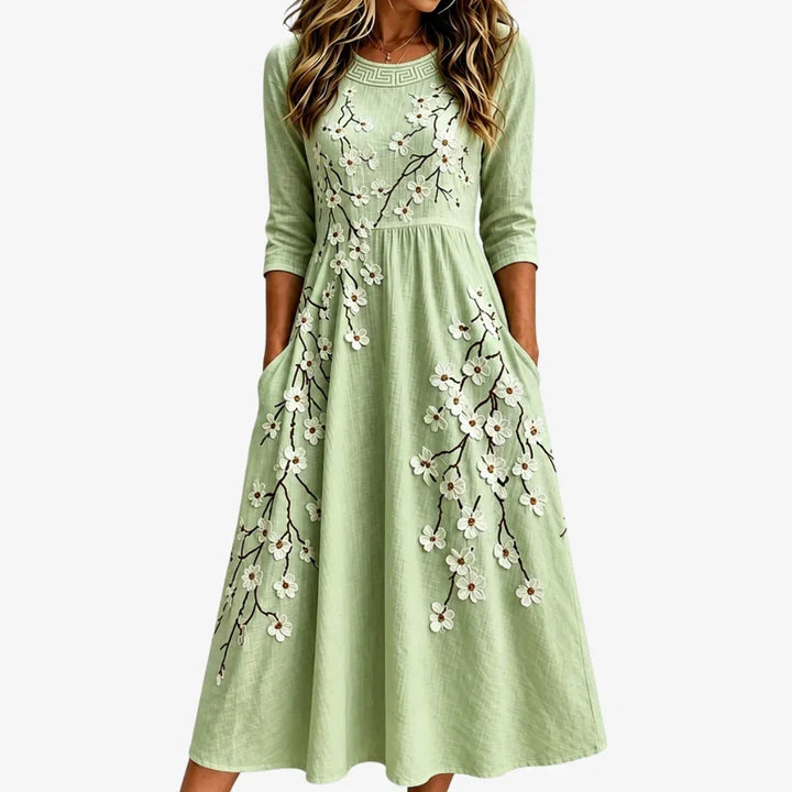 Sage Blossom Grace Pocket Midi Dress