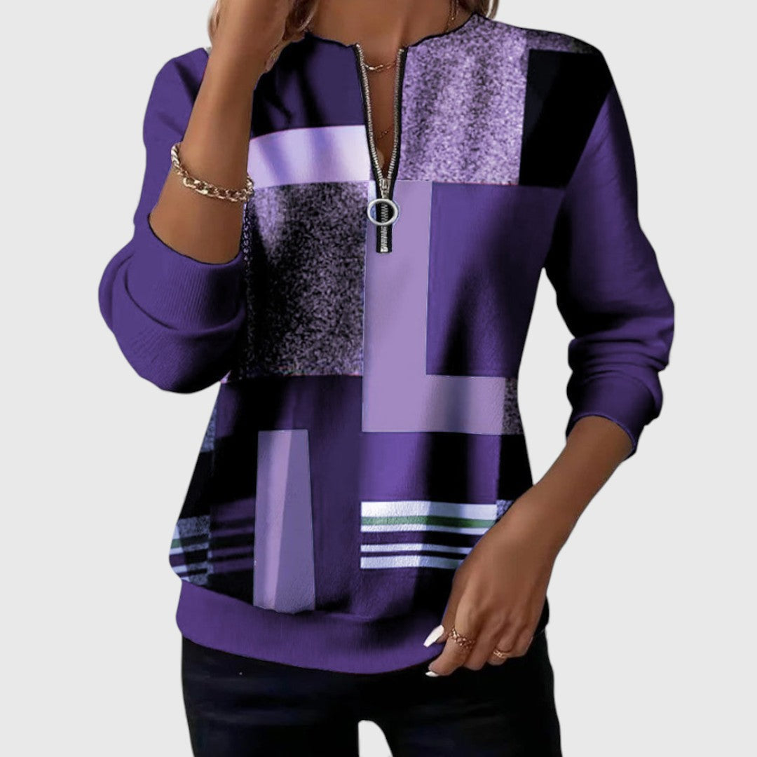 Lowenna | Geometric Print Zip-Neck Sweatshirt