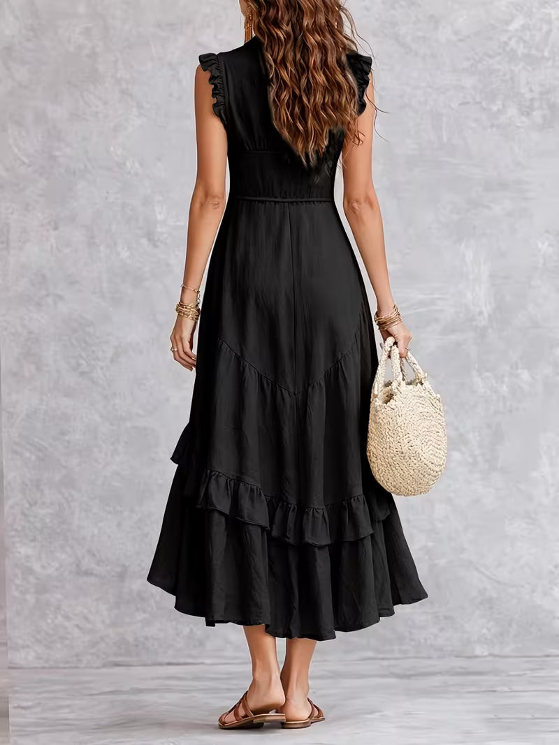 Ariella™ | Elegant Black Ruffle Maxi Dress