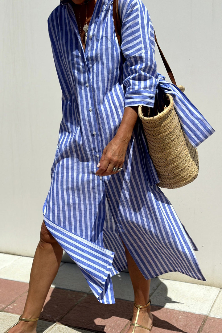 Beau | Women's Linen Striped Collared Button-Down Midi Dress