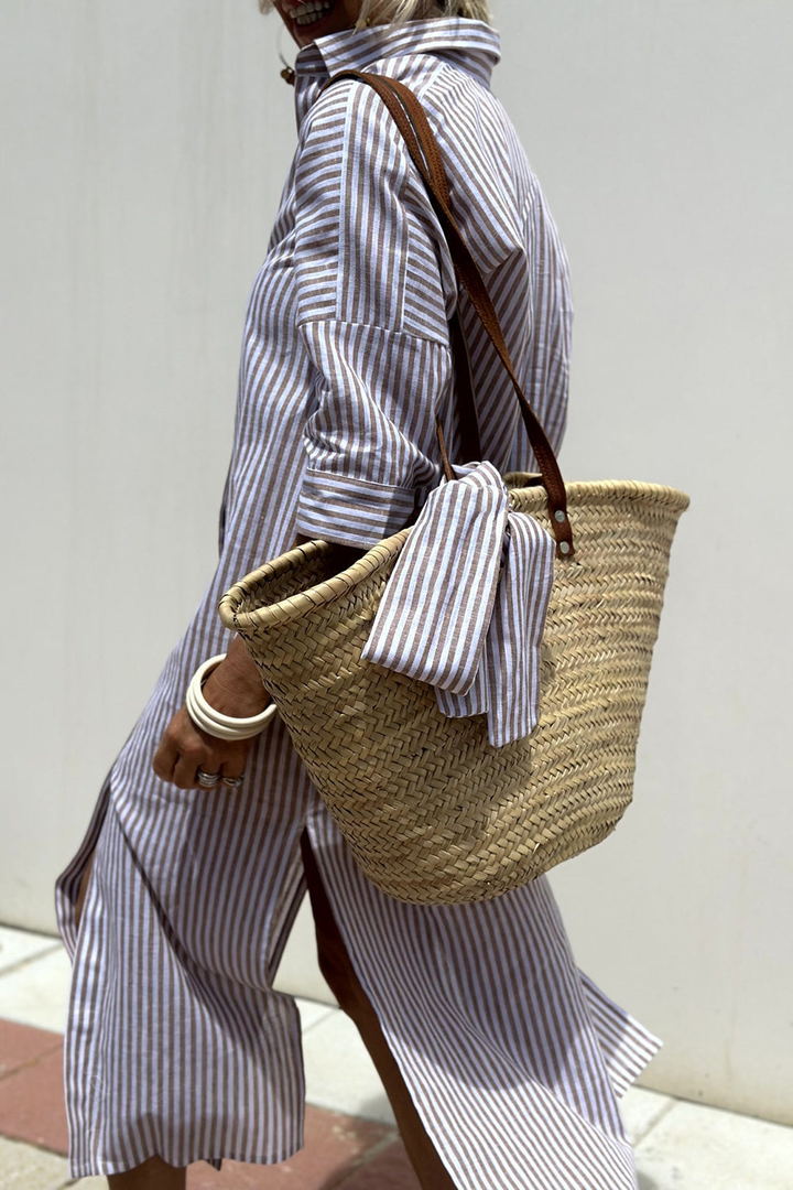 Beau | Women's Linen Striped Collared Button-Down Midi Dress