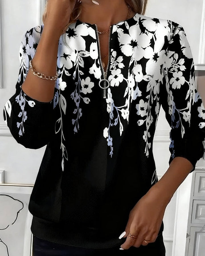 Nan | Floral Print Zip-Neck Sweatshirt