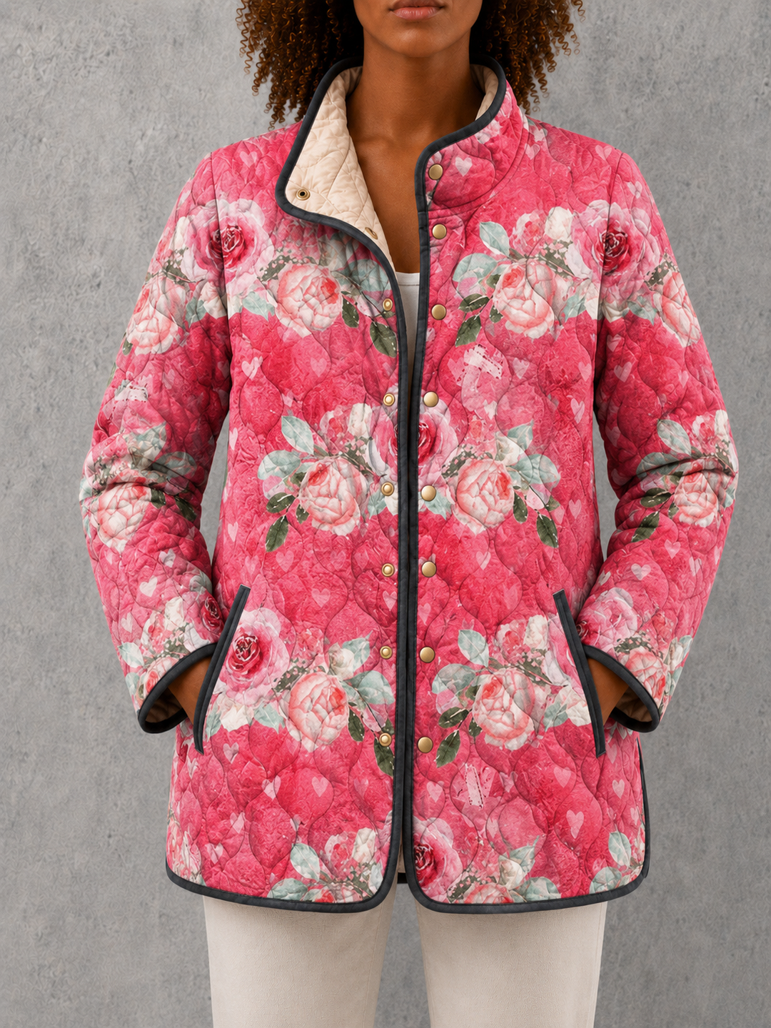 Freya | Charming Pink Floral Print Quilted Jacket