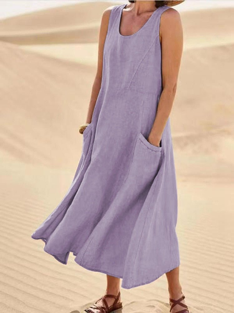 Dune | Women's Linen Sleeveless Pocket Scoop-Neck Midi Dress