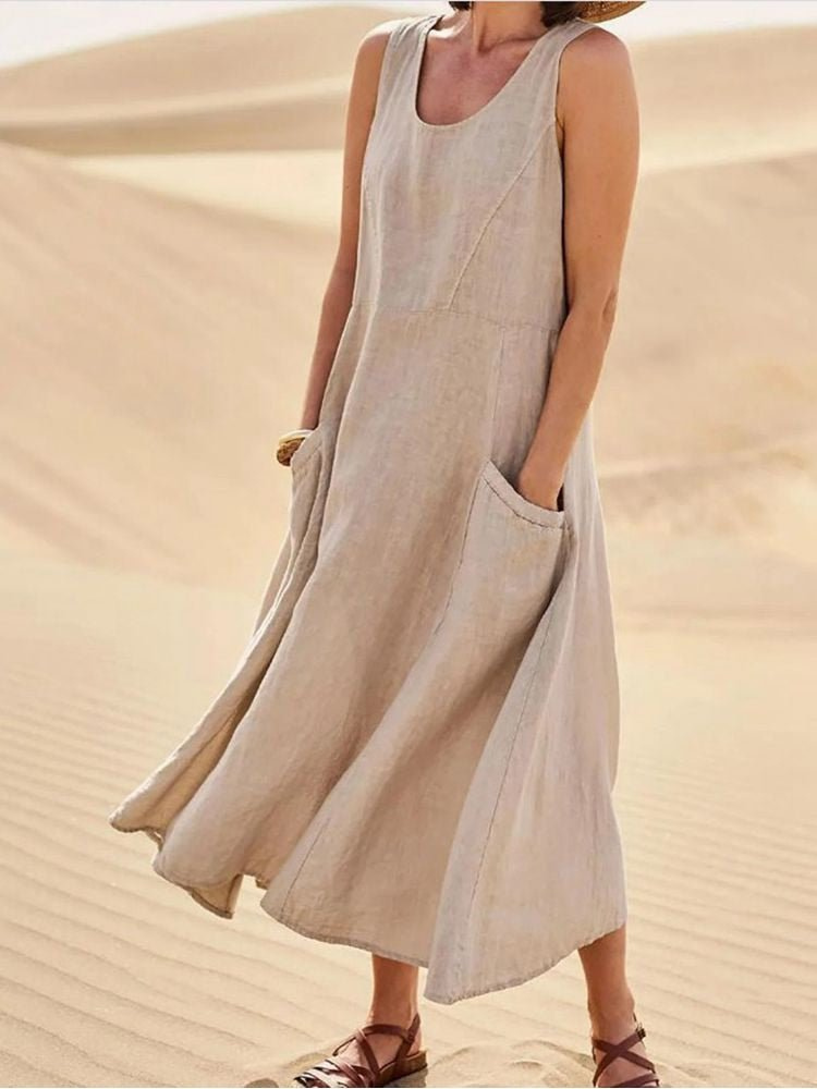 Dune | Women's Linen Sleeveless Pocket Scoop-Neck Midi Dress
