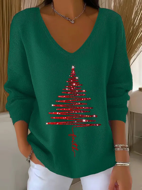 Louella | Christmas Tree Print V-Neck Sweater