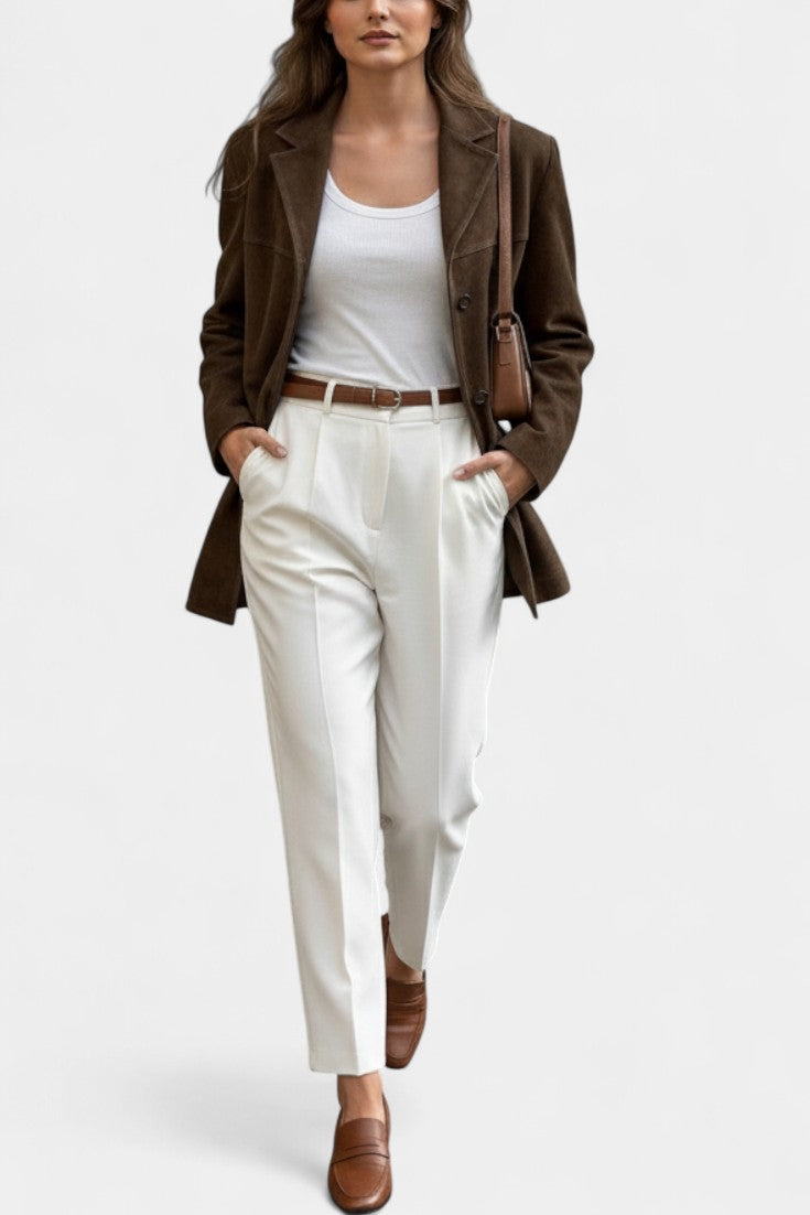 Maïa Chocolate Suede Straight Jacket with Notched Collar
