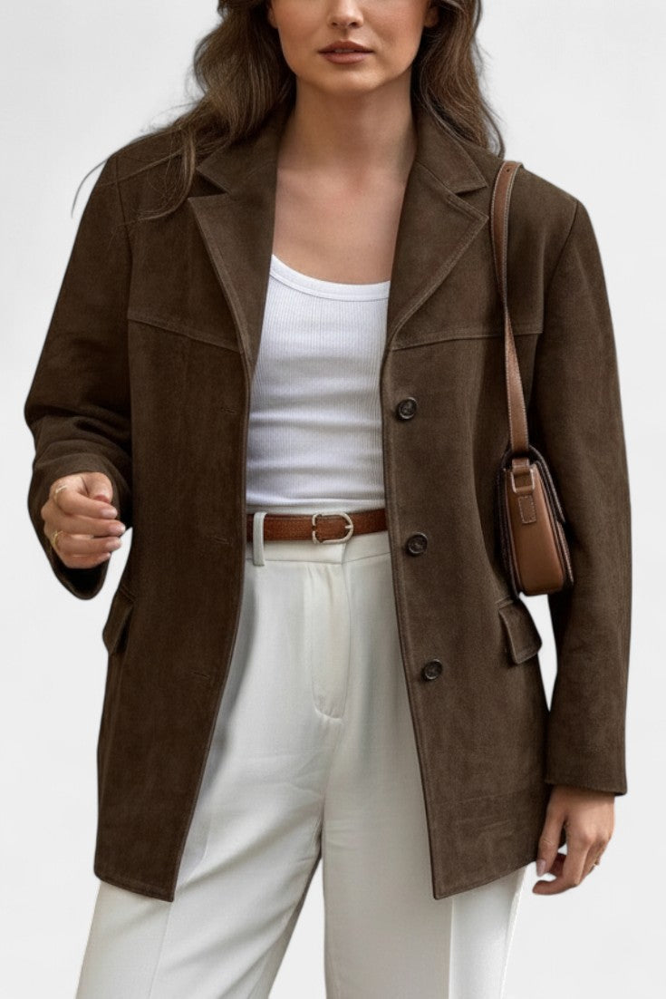 Maïa Chocolate Suede Straight Jacket with Notched Collar