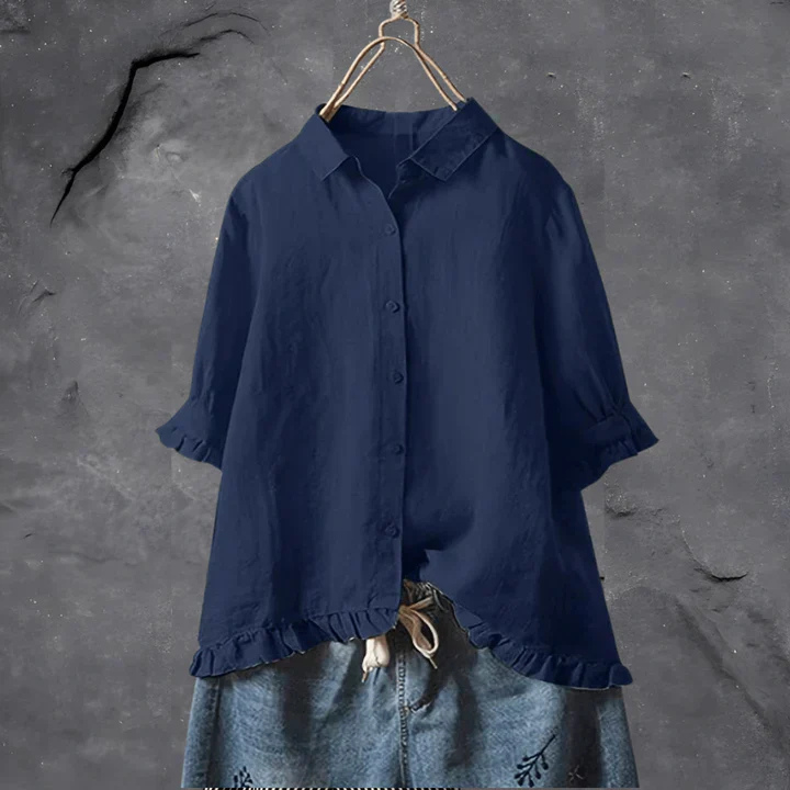 Jolene | Women's Linen Ruffle-Trim Button-Down Shirt